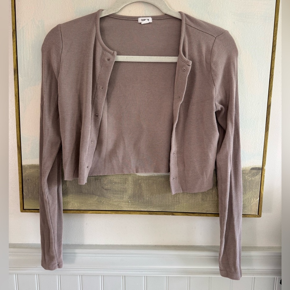 GARAGE Brown Ribbed Cropped Cardigan Sweater Top Size XS